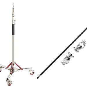 Heavy-Duty C-Stand with Wheeled Base, 2 Grip Heads, and Black Boom Arm Pole